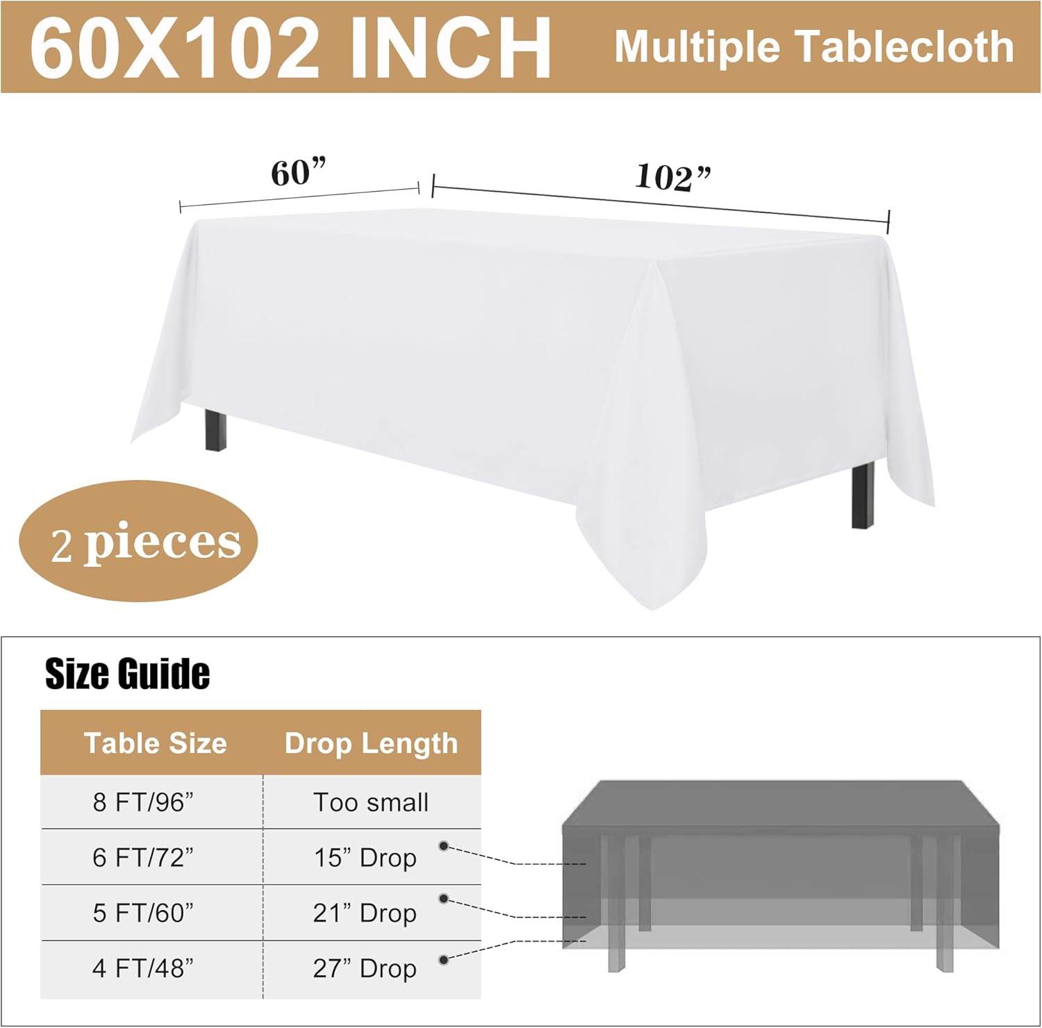 sancua 2 Pack White Tablecloth 60 x 102 Inch, Rectangle 6 Feet Table Cloth - Stain and Wrinkle Resistant Washable Polyester Table Cover for Dining Table, Buffet Parties and Camping - Image 7