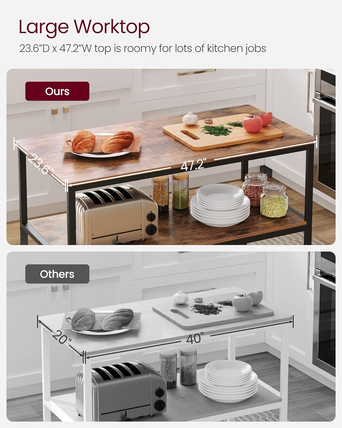 VASAGLE Kitchen Island with 3 Shelves, 47.2 Inches Width Kitchen Shelf with Large Worktop, Stable Steel Structure, Industrial, Easy to Assemble, Rustic Brown and Black UKKI01BX - Image 4