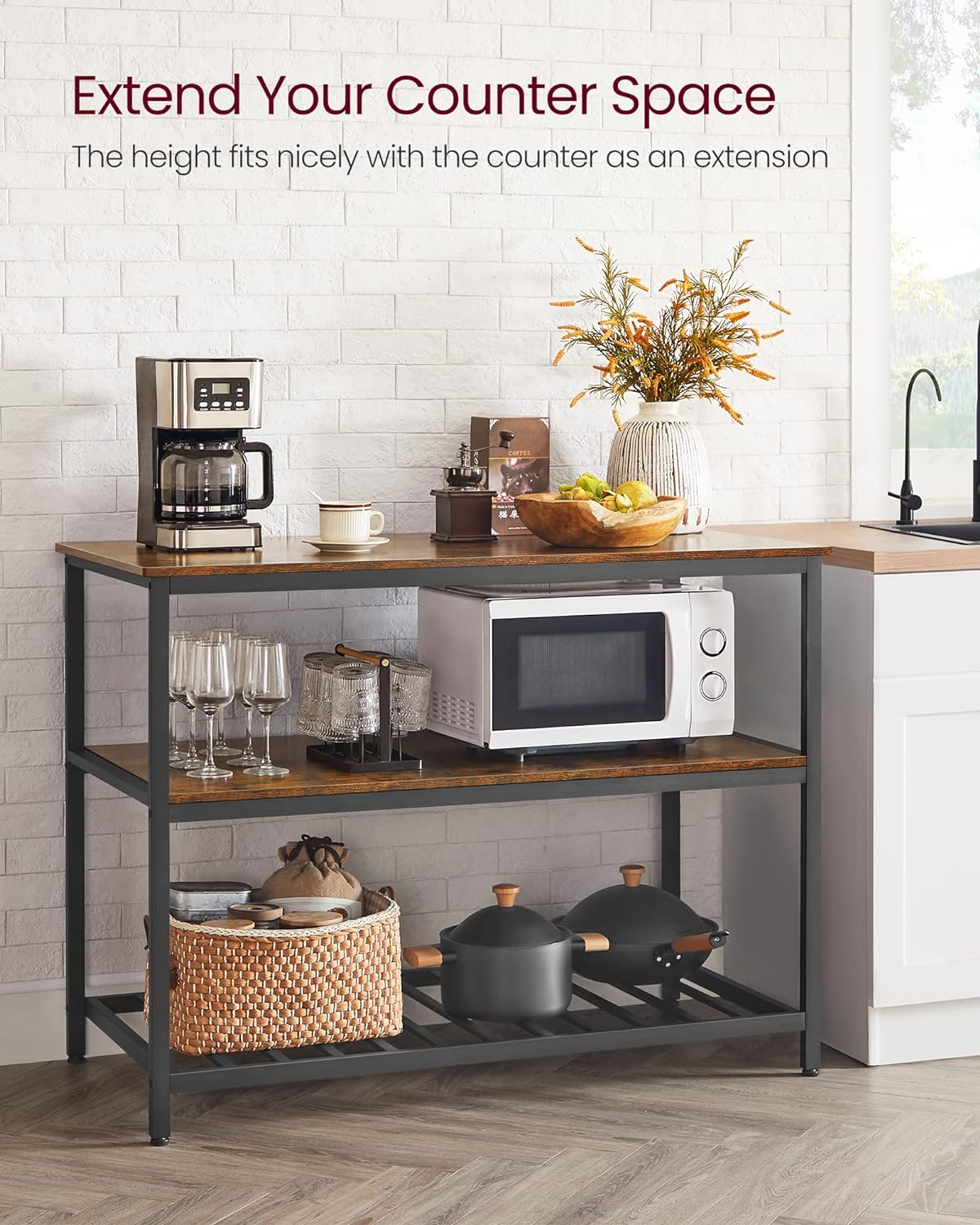VASAGLE Kitchen Island with 3 Shelves, 47.2 Inches Width Kitchen Shelf with Large Worktop, Stable Steel Structure, Industrial, Easy to Assemble, Rustic Brown and Black UKKI01BX - Image 5