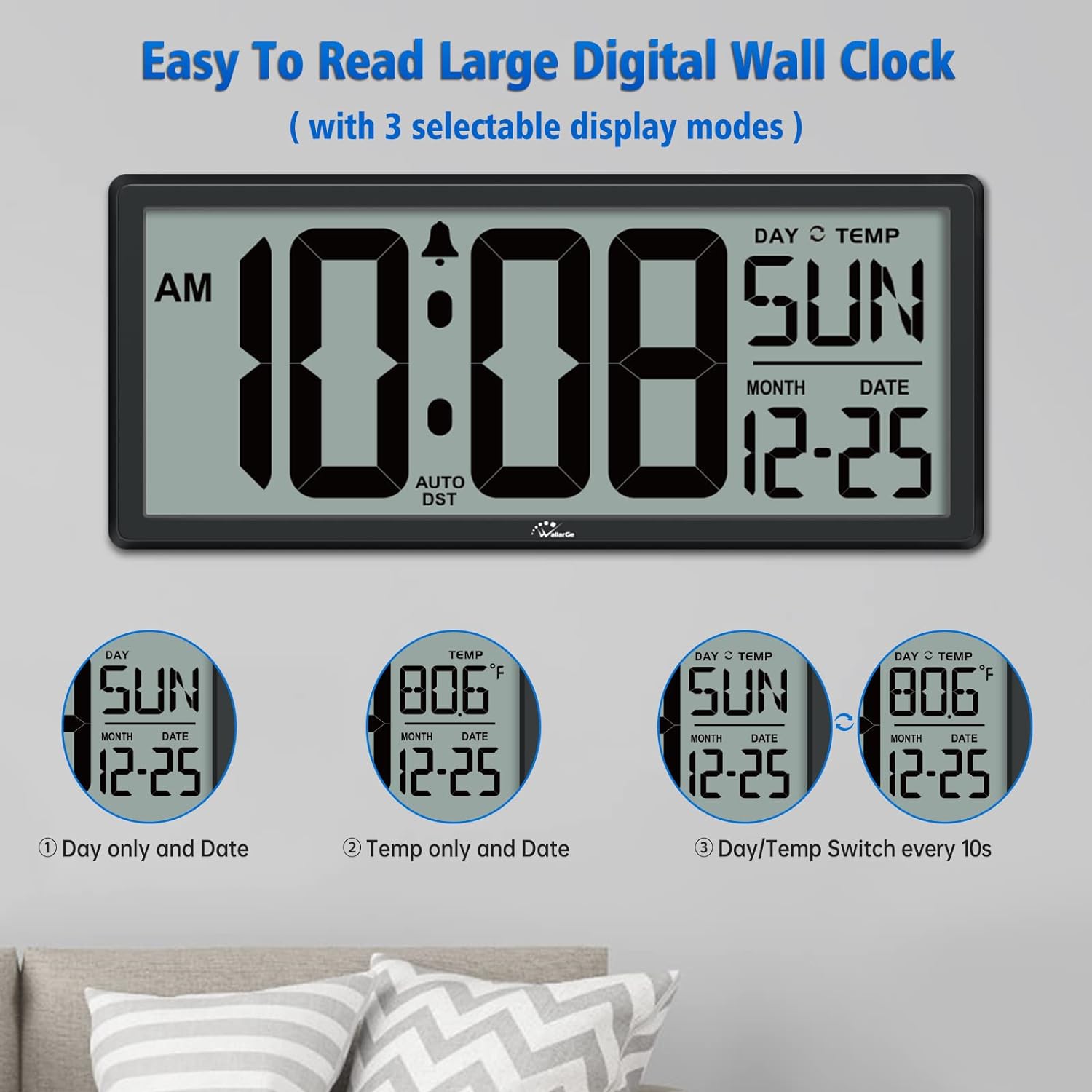 WallarGe 14.5'' Large Digital Wall Clock Battery Operated with Jumbo Numbers, Temperature and Date - Easy to Read and Set, Auto DST - Image 2