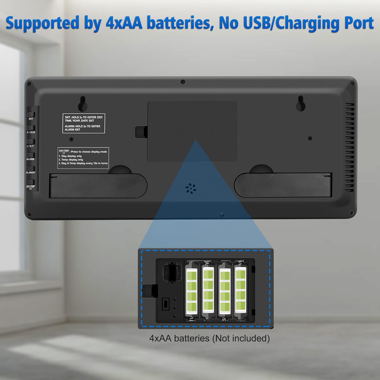 WallarGe 14.5'' Large Digital Wall Clock Battery Operated with Jumbo Numbers, Temperature and Date - Easy to Read and Set, Auto DST - Image 6