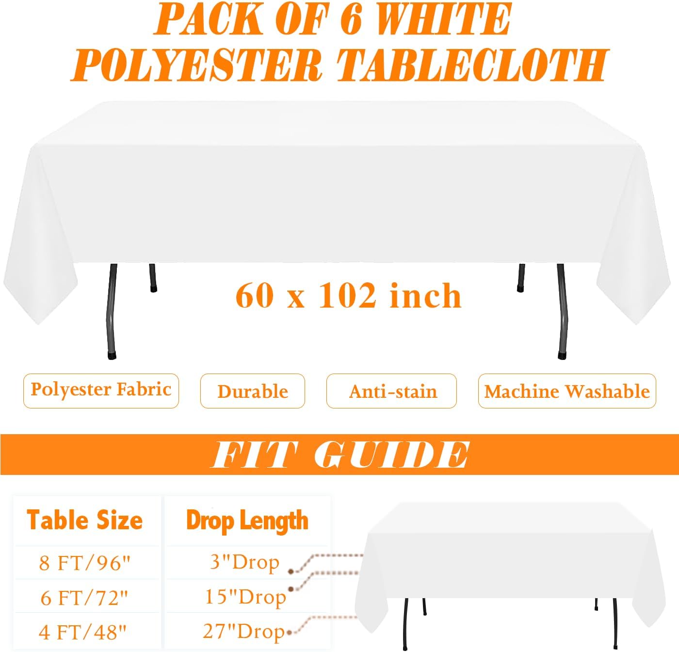WIGENIUS 6 Pack White Table Cloth Rectangle Tablecloths 60X102 Inch,Polyester Table Cloth for 6 Foot Rectangle Tables,Wrinkle Resistant Washable Fabric Table Covers for Party,Wedding Banquet - Image 2