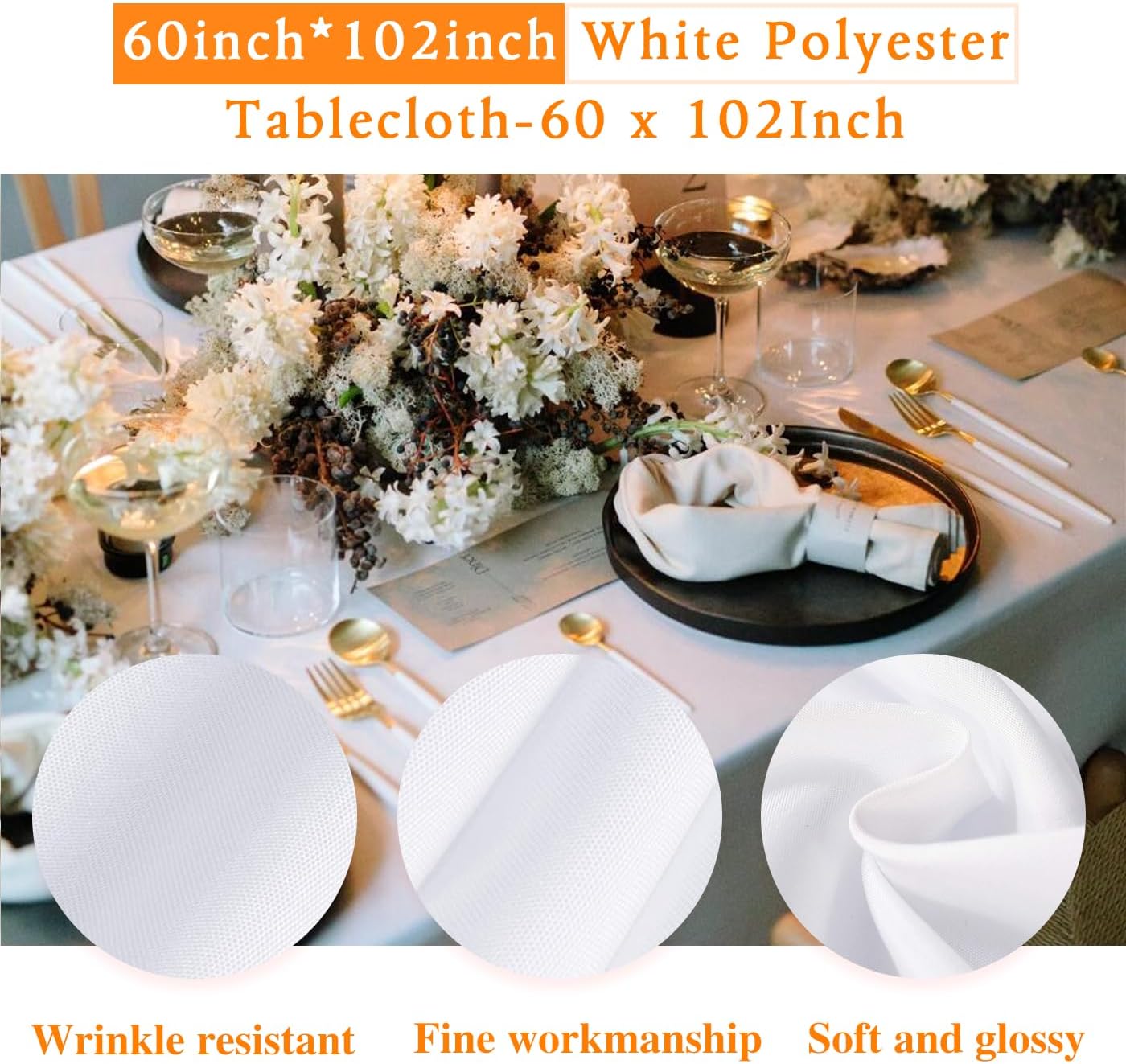 WIGENIUS 6 Pack White Table Cloth Rectangle Tablecloths 60X102 Inch,Polyester Table Cloth for 6 Foot Rectangle Tables,Wrinkle Resistant Washable Fabric Table Covers for Party,Wedding Banquet - Image 3