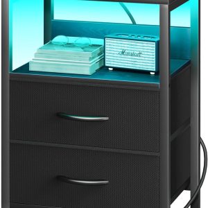 Yoobure Nightstand with Charging Station, LED Night Stand with Fabric Drawers and Storage Shelf for Bedroom, Nightstands Bedside Tables with USB Ports & Outlets, Small Night Stands, Bed Side Table
