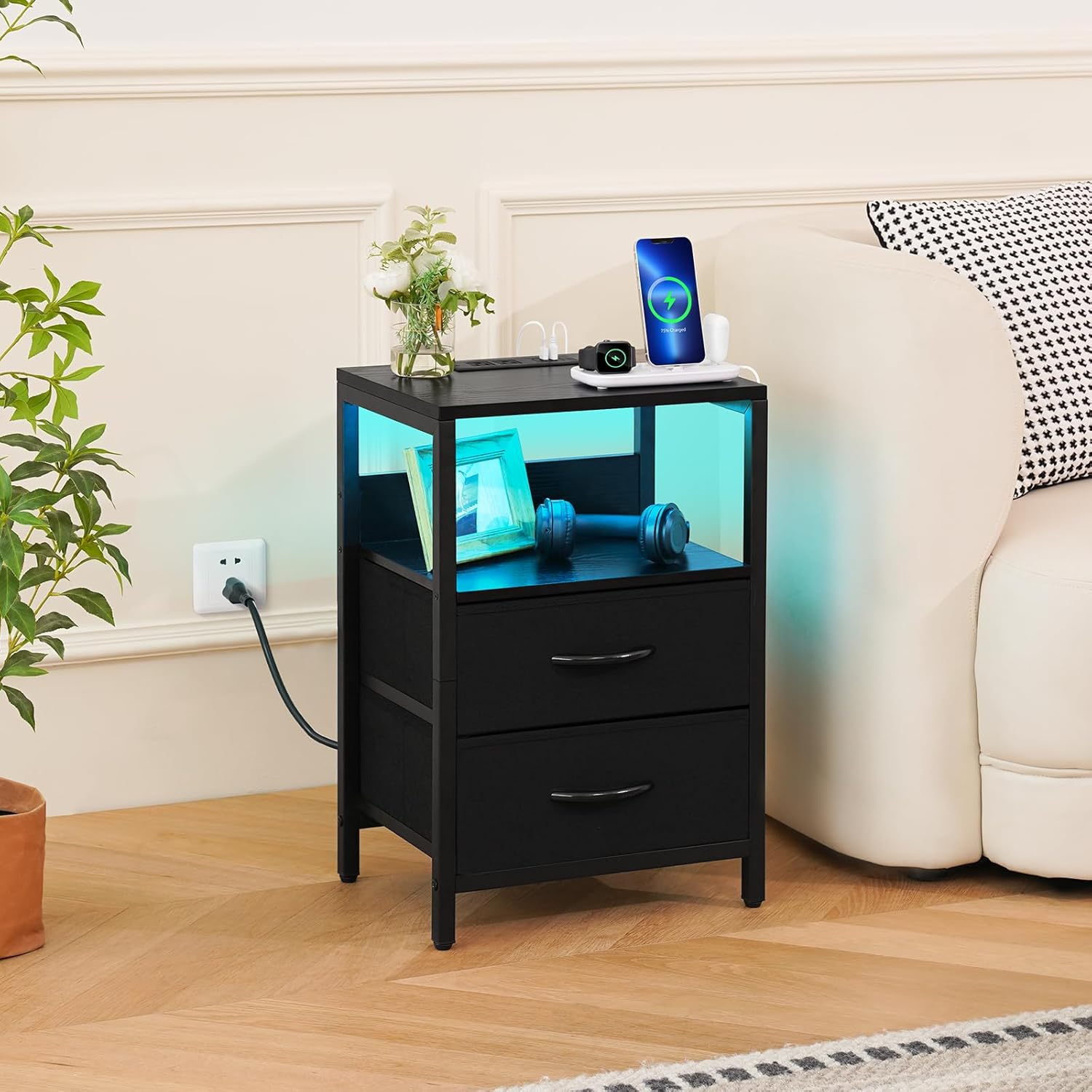 Yoobure Nightstand with Charging Station, LED Night Stand with Fabric Drawers and Storage Shelf for Bedroom, Nightstands Bedside Tables with USB Ports & Outlets, Small Night Stands, Bed Side Table - Image 9